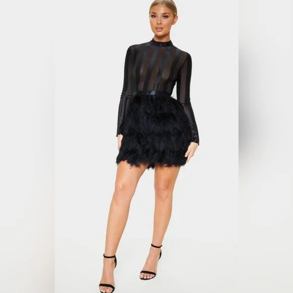 PrettyLittleThing Black Feather Bottom Dress - Picture 3 of 14